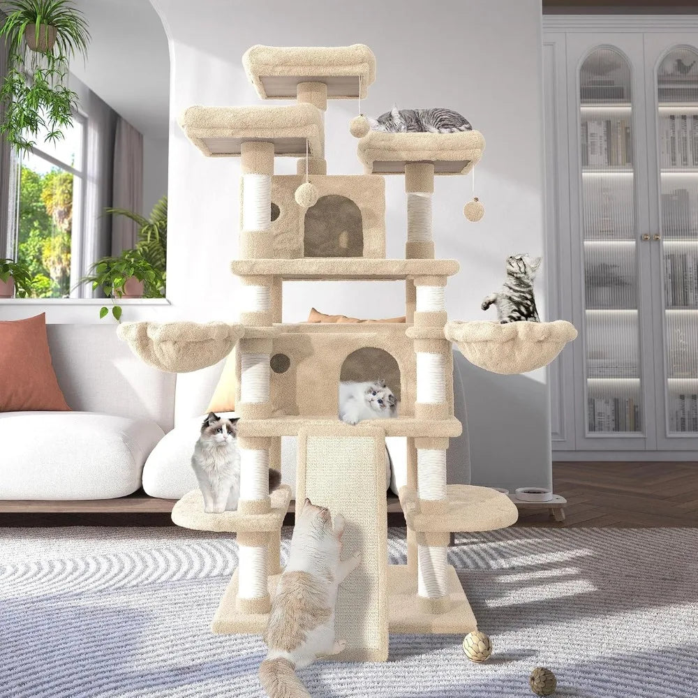 68 Inches Multi-Level Large Cat Tree for Big Cat Tower Condo Cozy Plush Cat Perches Fluffy Balls