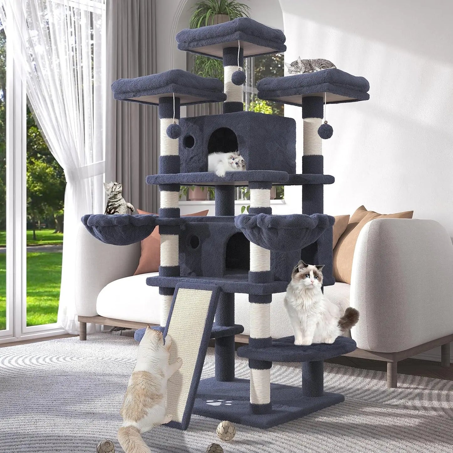 68 Inches Multi-Level Large Cat Tree for Big Cat Tower Condo Cozy Plush Cat Perches Fluffy Balls