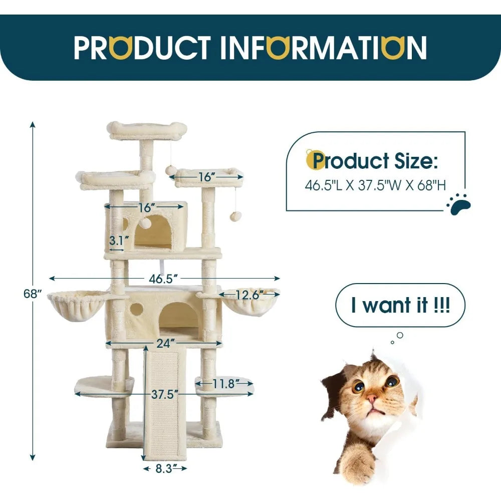 68 Inches Multi-Level Large Cat Tree for Big Cat Tower Condo Cozy Plush Cat Perches Fluffy Balls