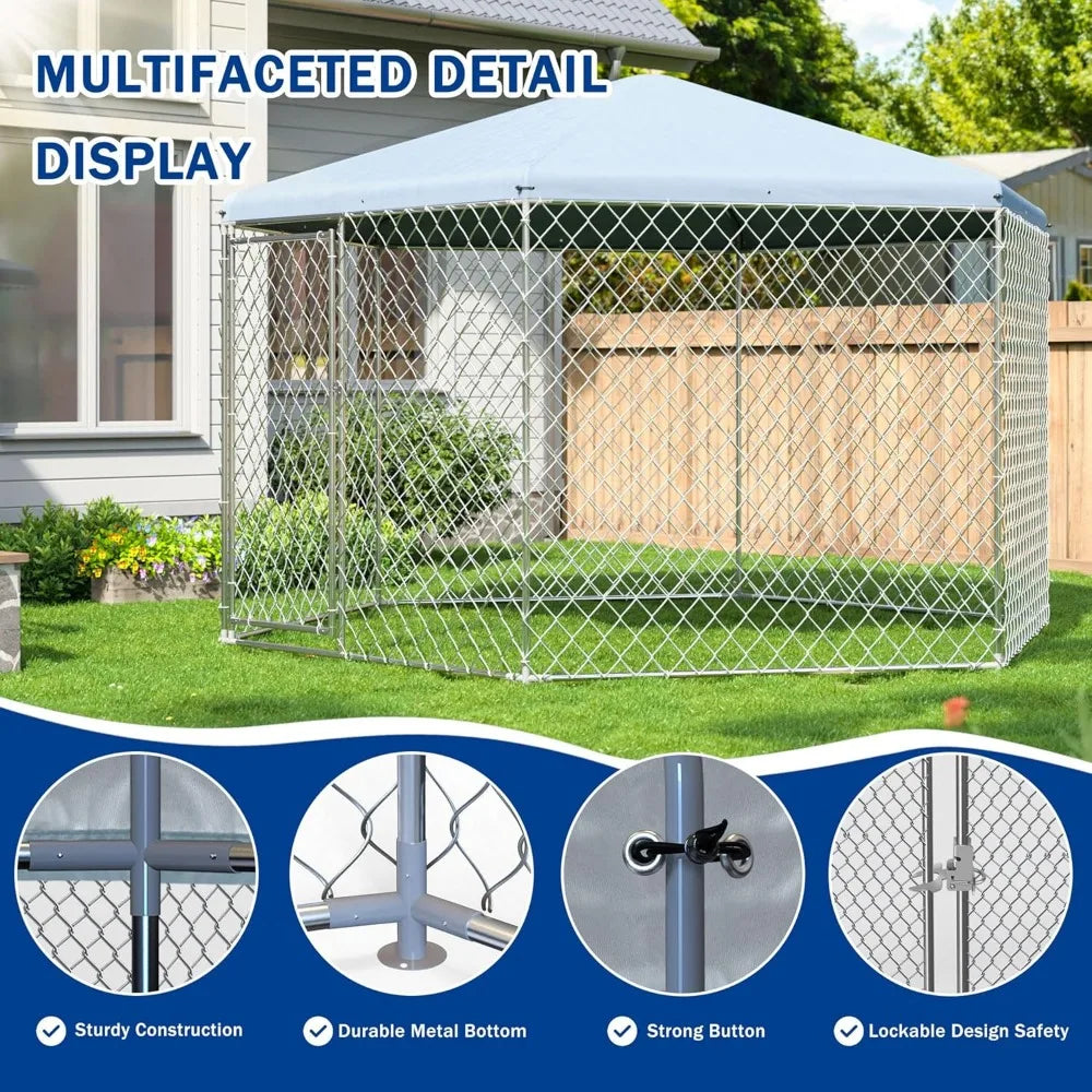 Outdoor Dog Kennel Roof,Large Dog Kennel Outside Gate,Heavy Duty Chain Link Dog Kennel Secure Lock Backyard.(13.3x13.3x8.8 FT)