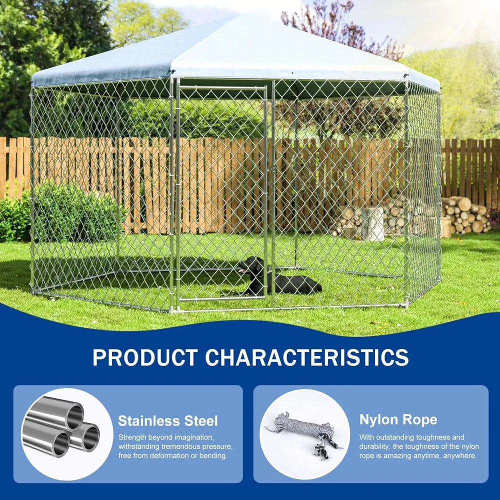 Outdoor Dog Kennel Roof,Large Dog Kennel Outside Gate,Heavy Duty Chain Link Dog Kennel Secure Lock Backyard.(13.3x13.3x8.8 FT)