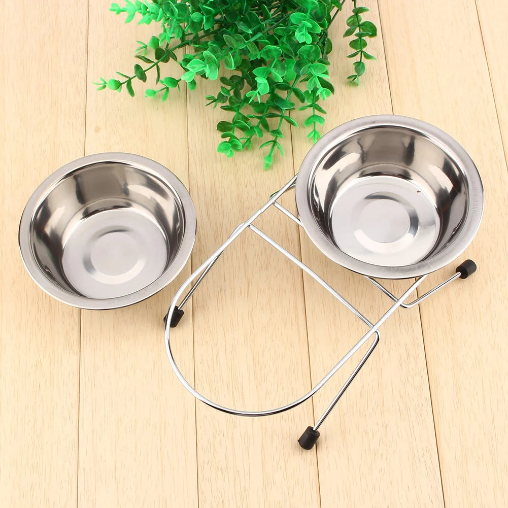 Cute Double Twin Stainless Steel Bowls Iron Stand