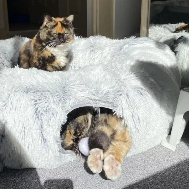 Fluffy Donut Cat Bed with Tunnel