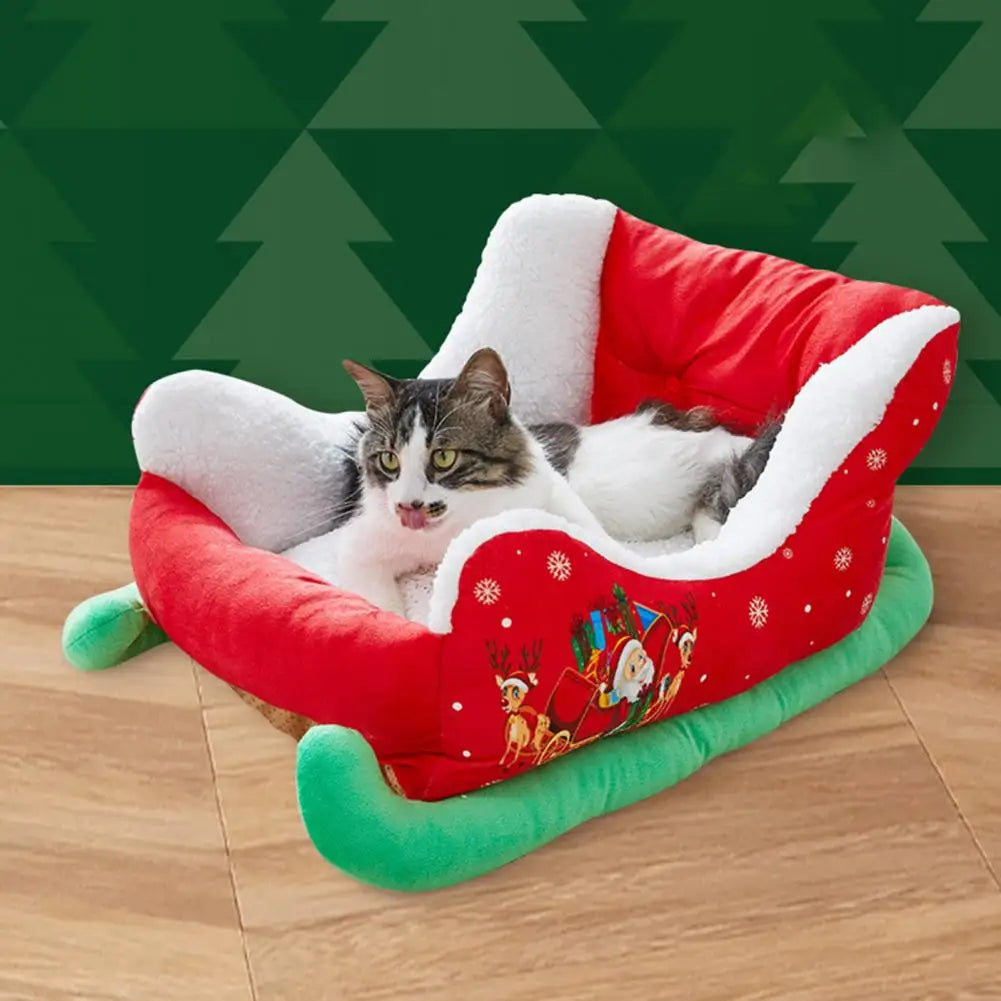 1Pc Washable Pet Sleigh Bed Long-term Use Plush Synthetic Fur Pet Bed Festive Holiday Themed Christmas Pet Sleigh Bed for Cats