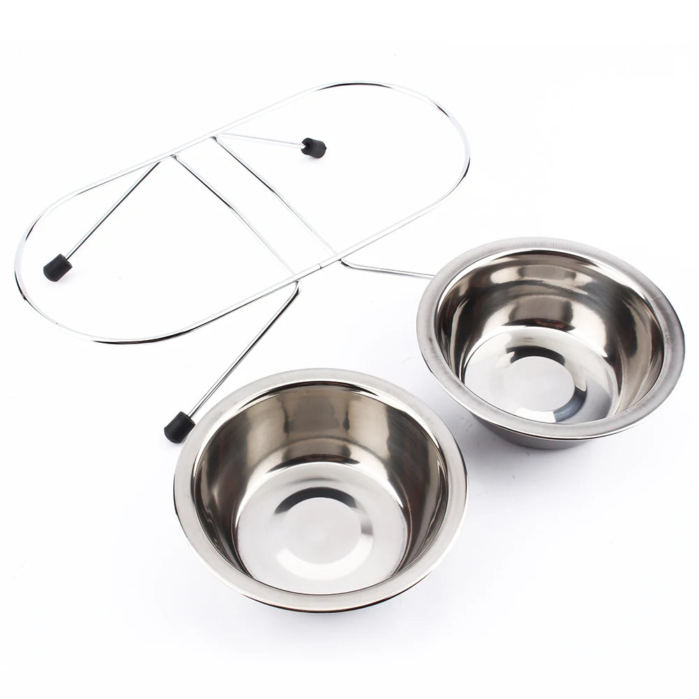 Cute Double Twin Stainless Steel Bowls Iron Stand