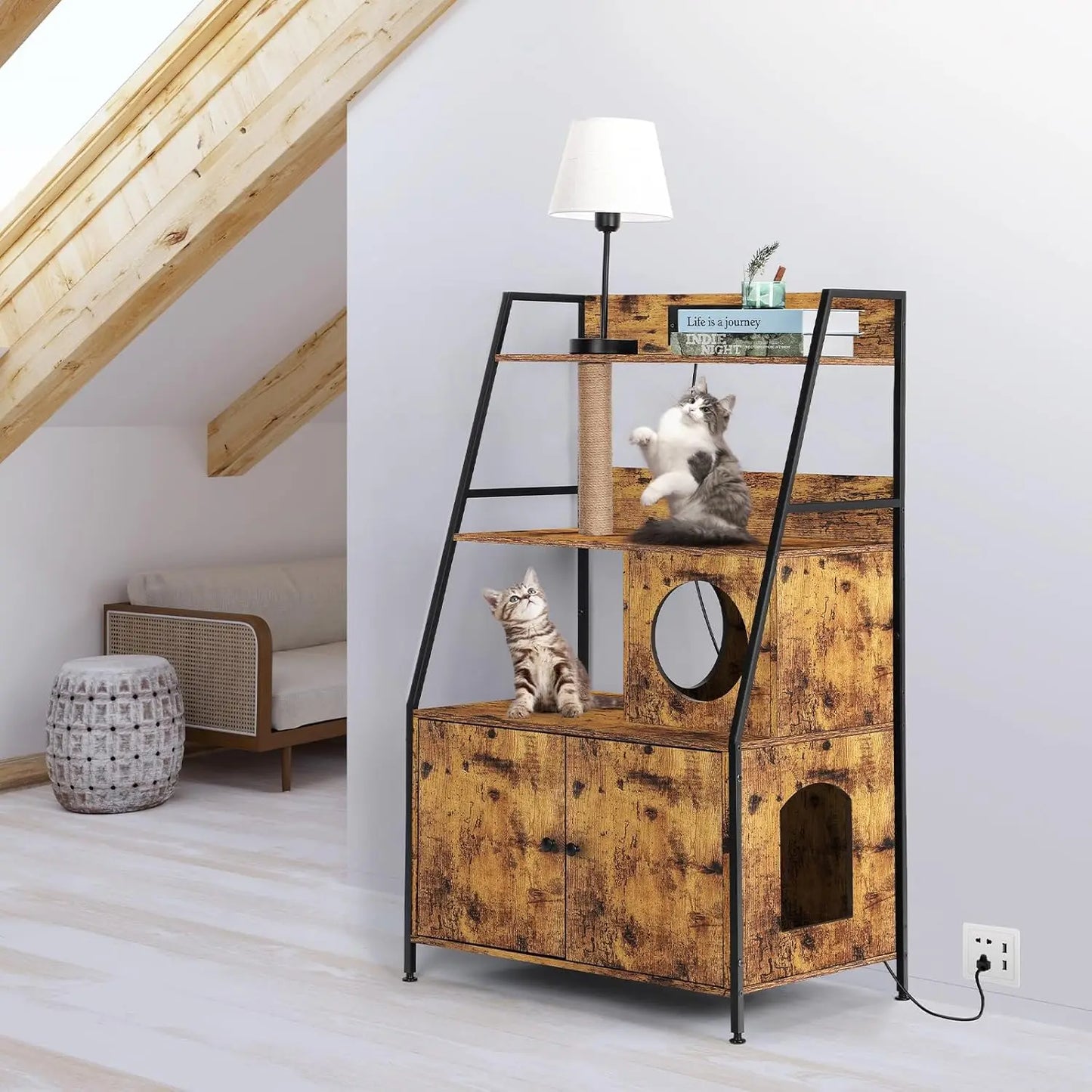 Cat Litter Box Enclosure with 2 Storage Shelves r