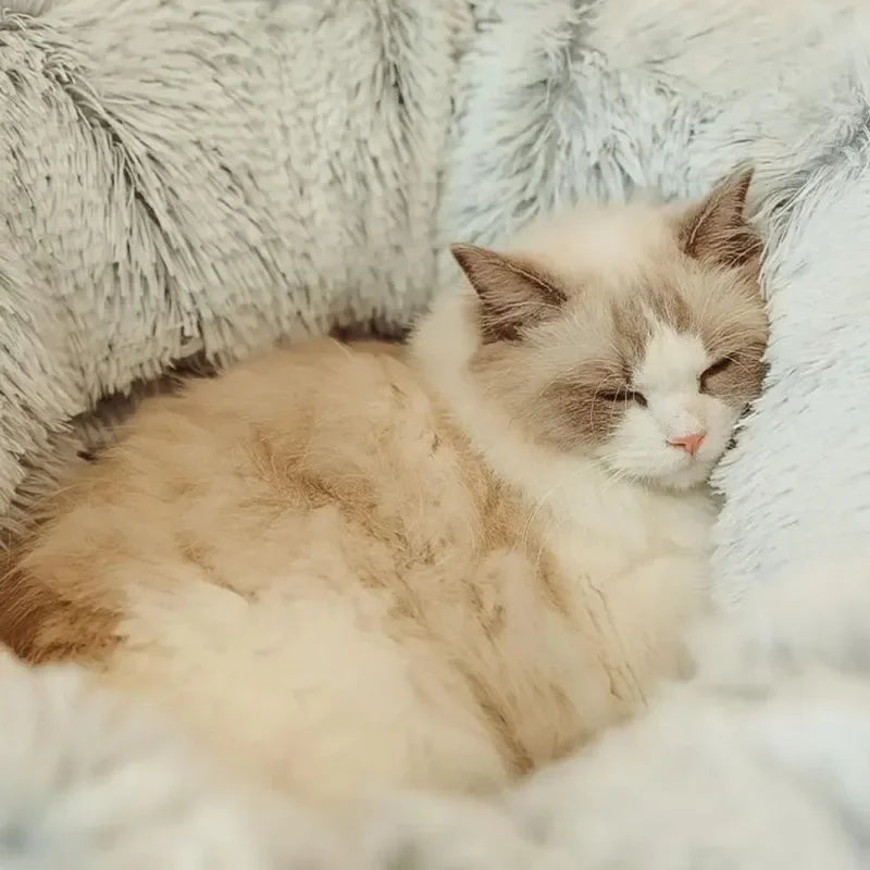 Fluffy Donut Cat Bed with Tunnel