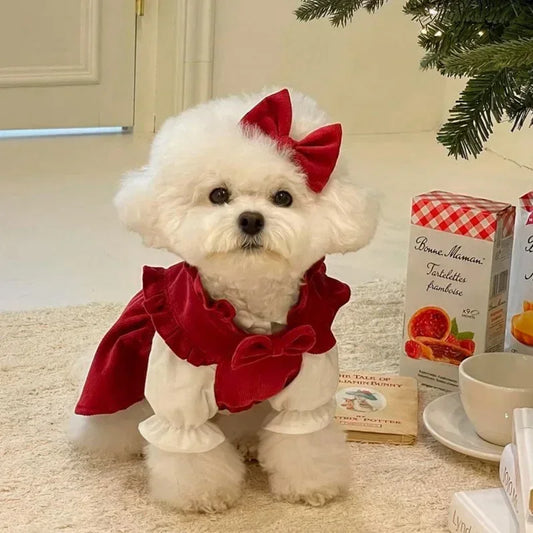 Puppy Bow Knot Dress Set Winter Warm Dog Clothes Pet Christmas Princess Dress Teddy Solid Color Skirt Send Clip