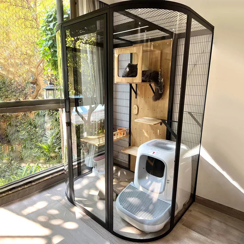 Meozan Luxury Panoramic Glass Cat Villa Large Free Space Fully Automatic Litter Box Cat Cage Cat House