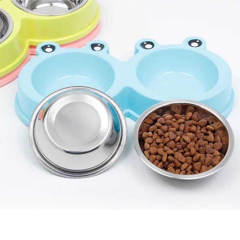 One-piece Pet Double Bowl Stainless Steel Frog Pet Feeding Bowls