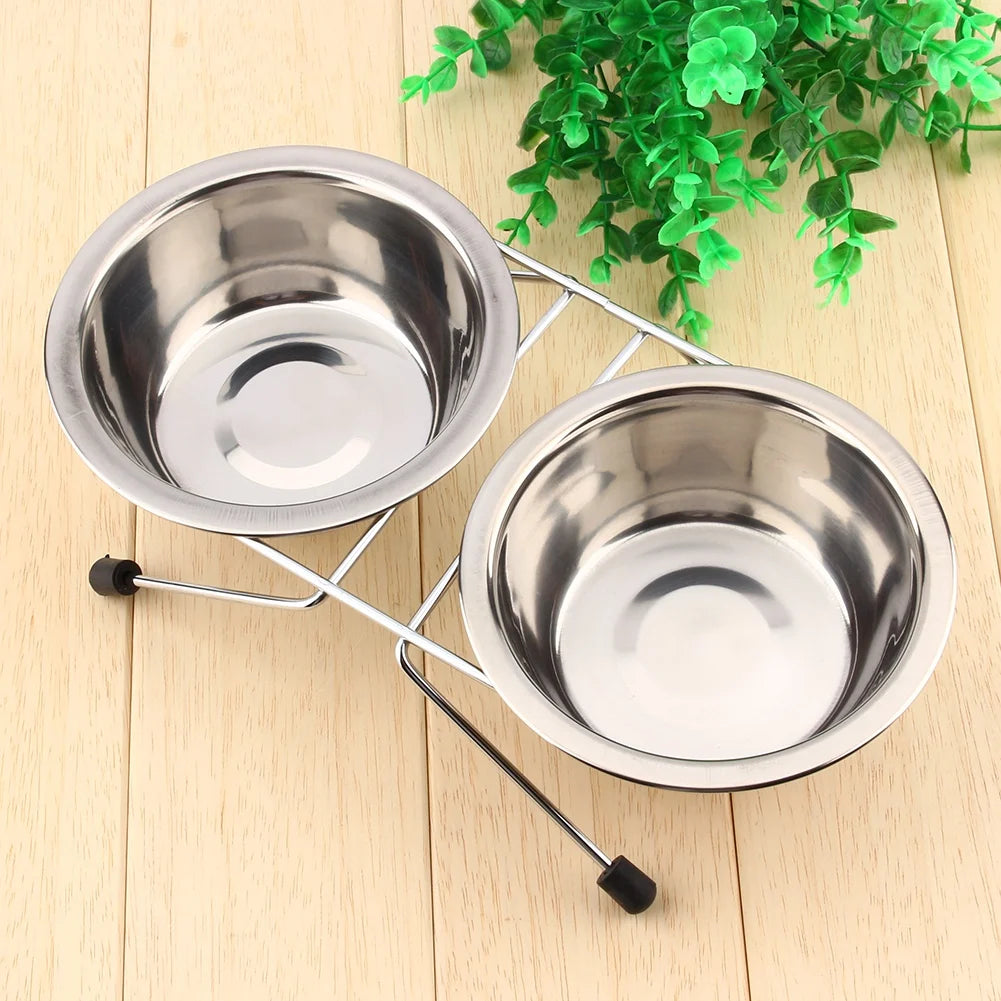 Cute Double Twin Stainless Steel Bowls Iron Stand