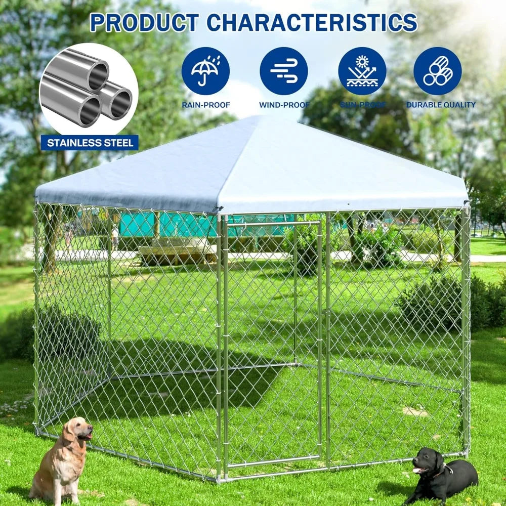 Outdoor Dog Kennel Roof,Large Dog Kennel Outside Gate,Heavy Duty Chain Link Dog Kennel Secure Lock Backyard.(13.3x13.3x8.8 FT)