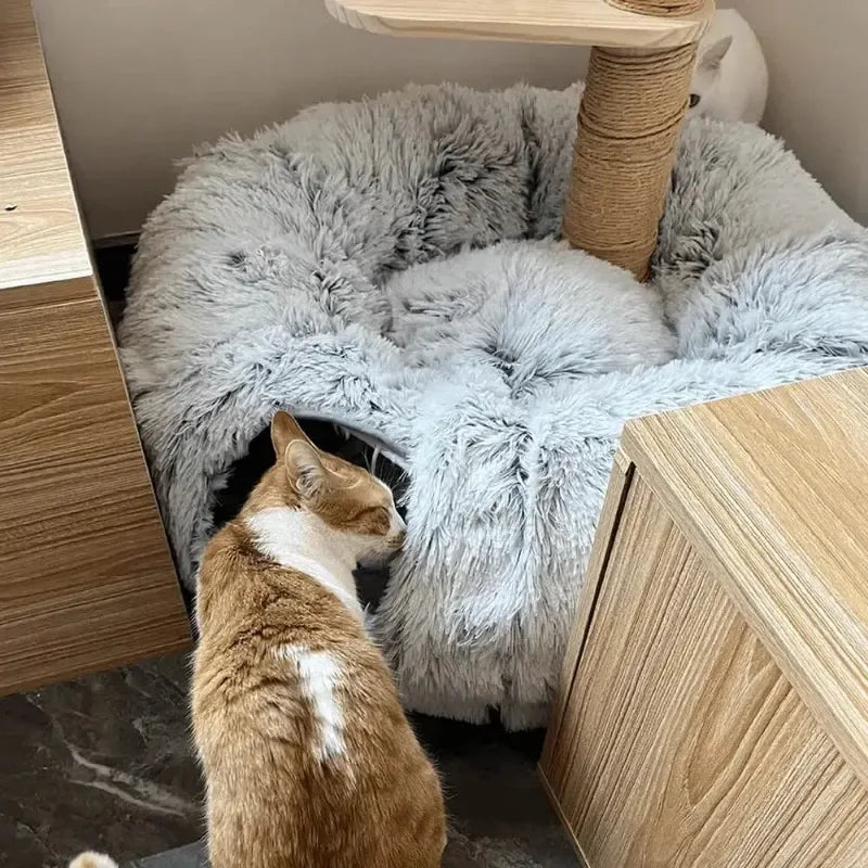 Fluffy Donut Cat Bed with Tunnel