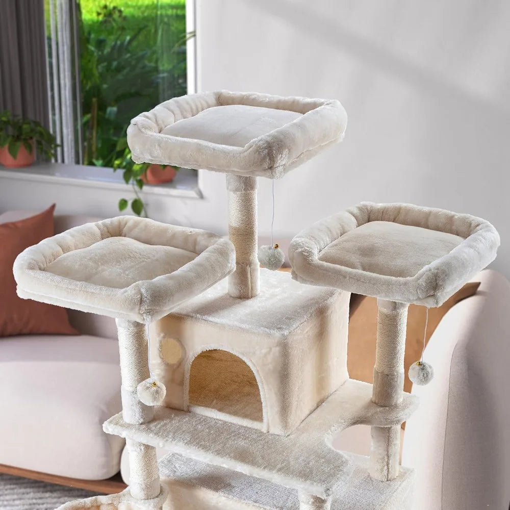 68 Inches Multi-Level Large Cat Tree for Big Cat Tower Condo Cozy Plush Cat Perches Fluffy Balls