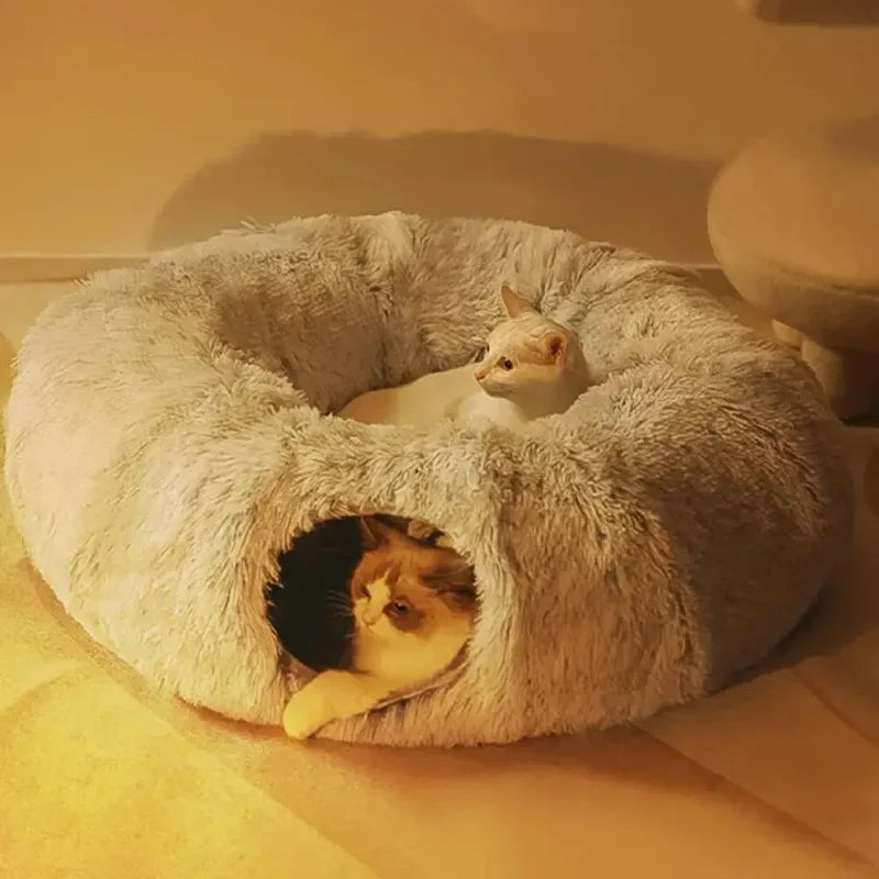 Fluffy Donut Cat Bed with Tunnel