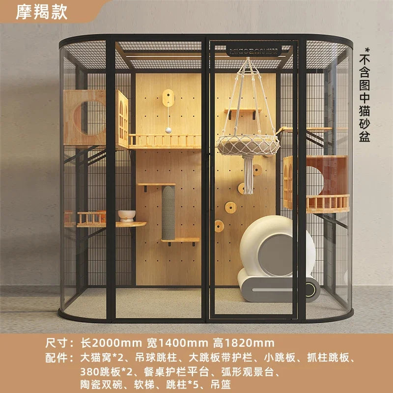 Meozan Luxury Panoramic Glass Cat Villa Large Free Space Fully Automatic Litter Box Cat Cage Cat House