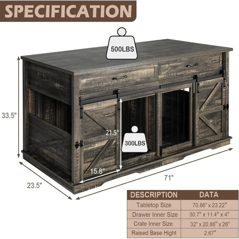 Wood Kennel Indoor Cages Kennel Furniture with 2 Drawers, Dog Crate