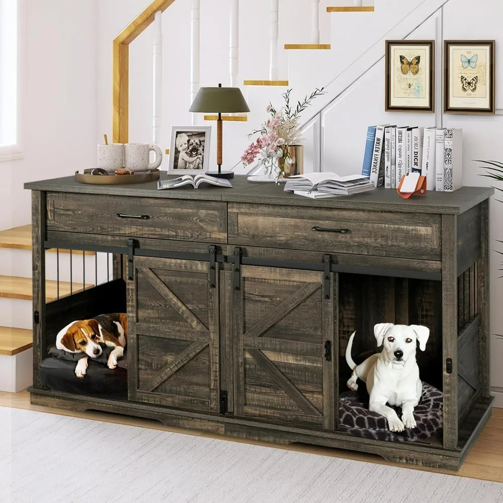 Wood Kennel Indoor Cages Kennel Furniture with 2 Drawers, Dog Crate