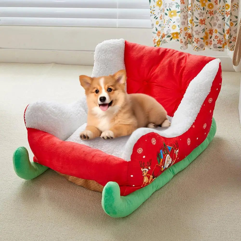 1Pc Washable Pet Sleigh Bed Long-term Use Plush Synthetic Fur Pet Bed Festive Holiday Themed Christmas Pet Sleigh Bed for Cats