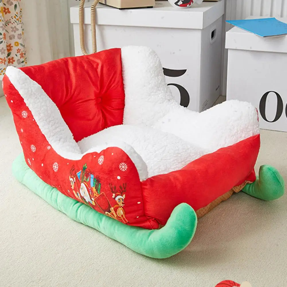 1Pc Washable Pet Sleigh Bed Long-term Use Plush Synthetic Fur Pet Bed Festive Holiday Themed Christmas Pet Sleigh Bed for Cats