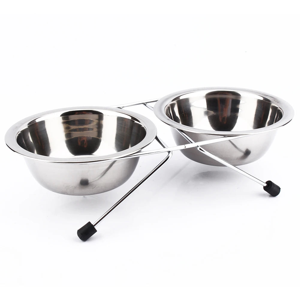 Cute Double Twin Stainless Steel Bowls Iron Stand