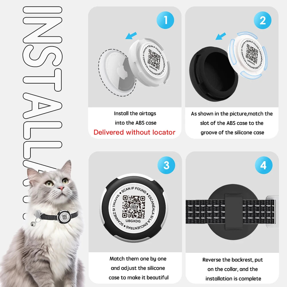 GPS Tracker Cat Collar with Airtag Case & QR ID Tag Dual Protection Reflective Kitten Collar for Cats Gatos Puppy Air Tag Cats