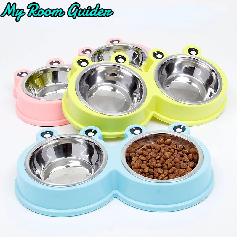 One-piece Pet Double Bowl Stainless Steel Frog Pet Feeding Bowls