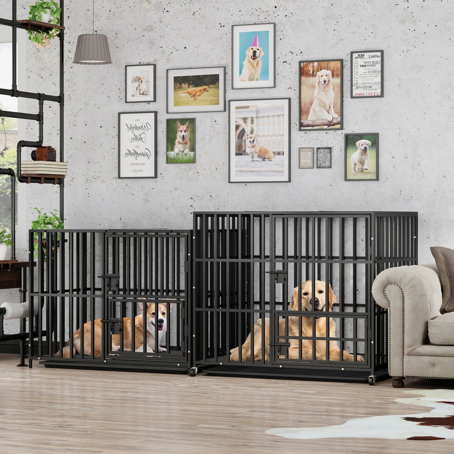 Dog Kennels Heavy Duty Metal Dog Crate Cage House with Removable Tray and Steel Lock Latch for All Breeds Double-layer