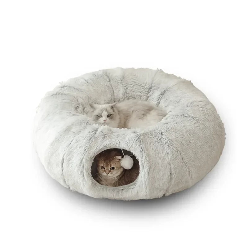 Fluffy Donut Cat Bed with Tunnel