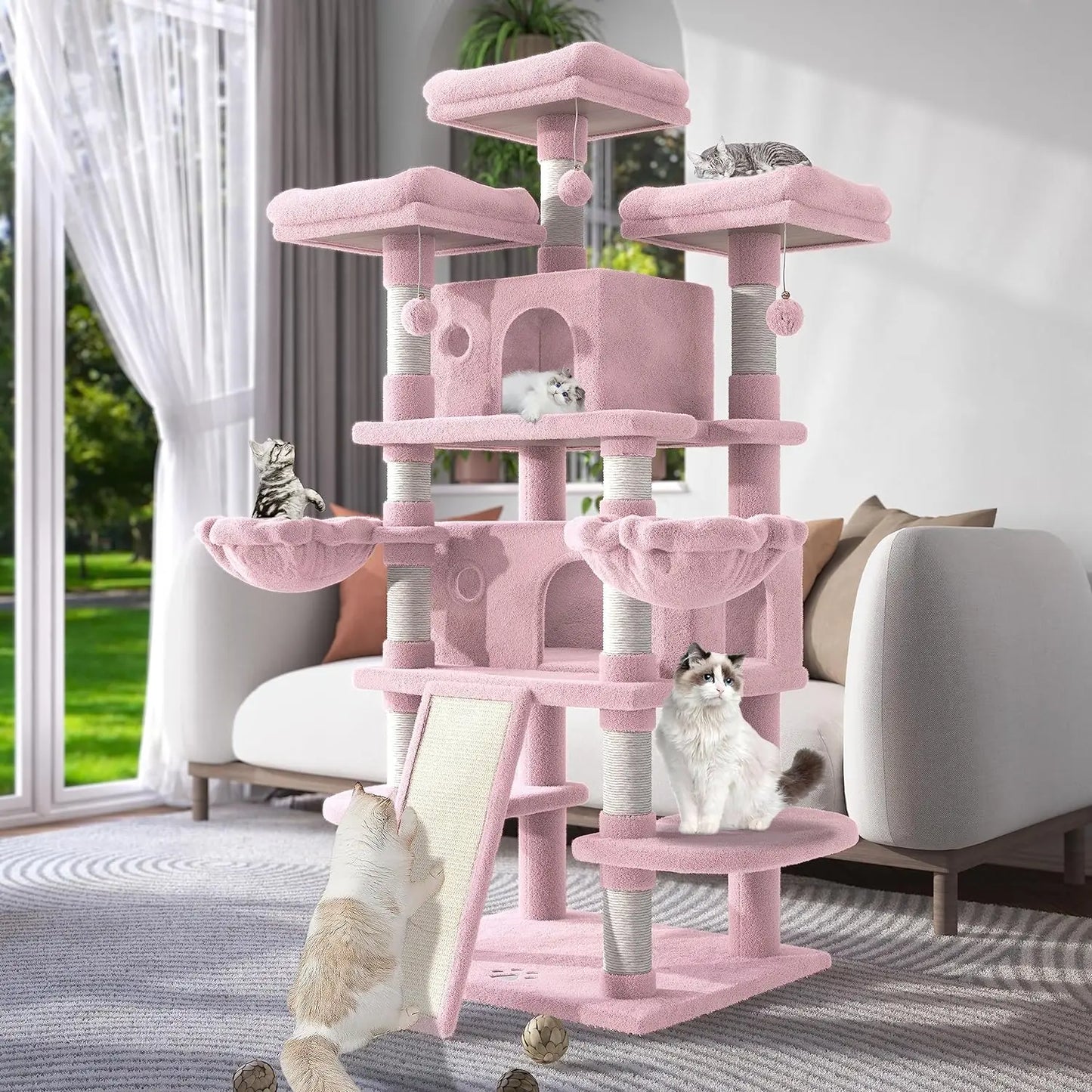 68 Inches Multi-Level Large Cat Tree for Big Cat Tower Condo Cozy Plush Cat Perches Fluffy Balls