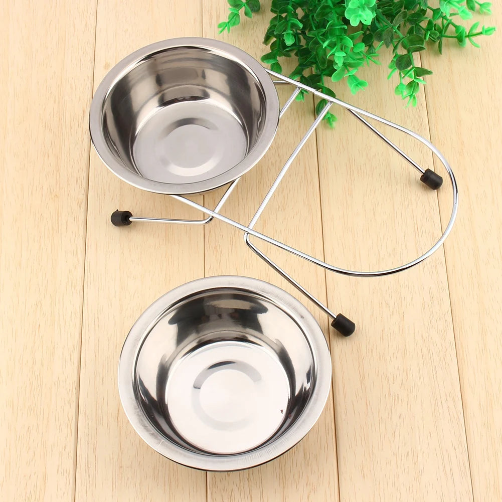 Cute Double Twin Stainless Steel Bowls Iron Stand