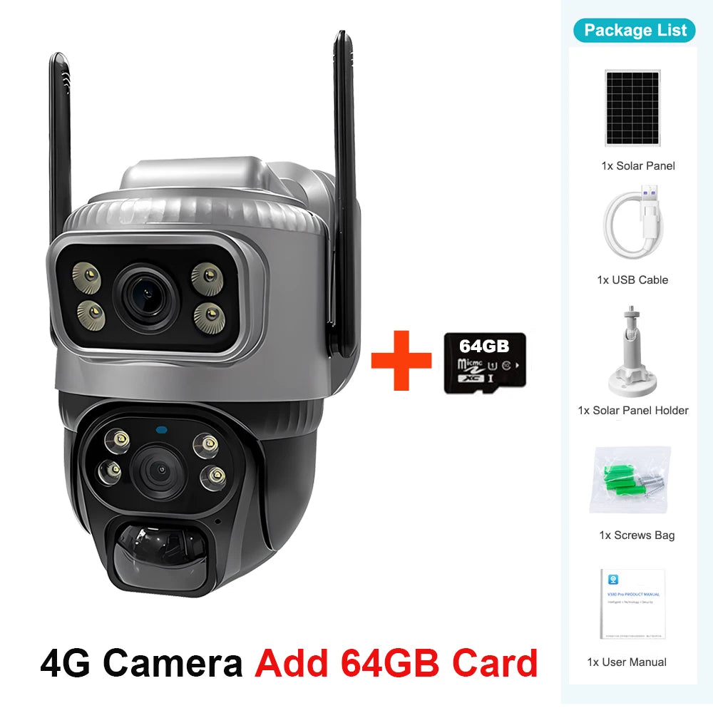 V380 Dual Lens 4G Camera Solar PIR Human Detection Night Vision Waterproof Security Video IP Camara 8MP 4K Battery CCTV Monitor