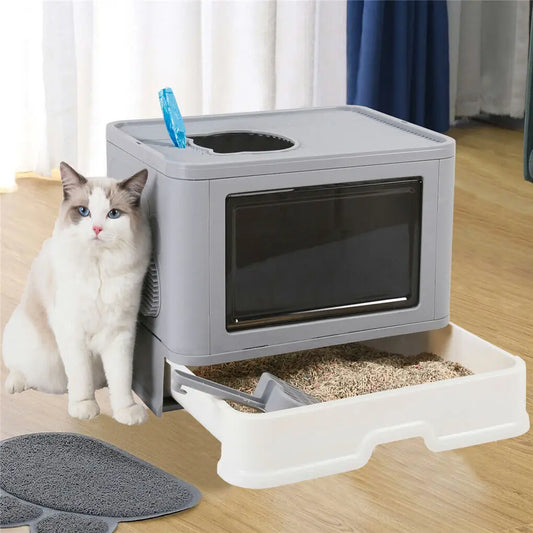 Foldable Cat Litter Box Front Entry & Top Exit Toilet Boxes with Massager Litter Scoop Enclosed Foldable Kitty Toilet