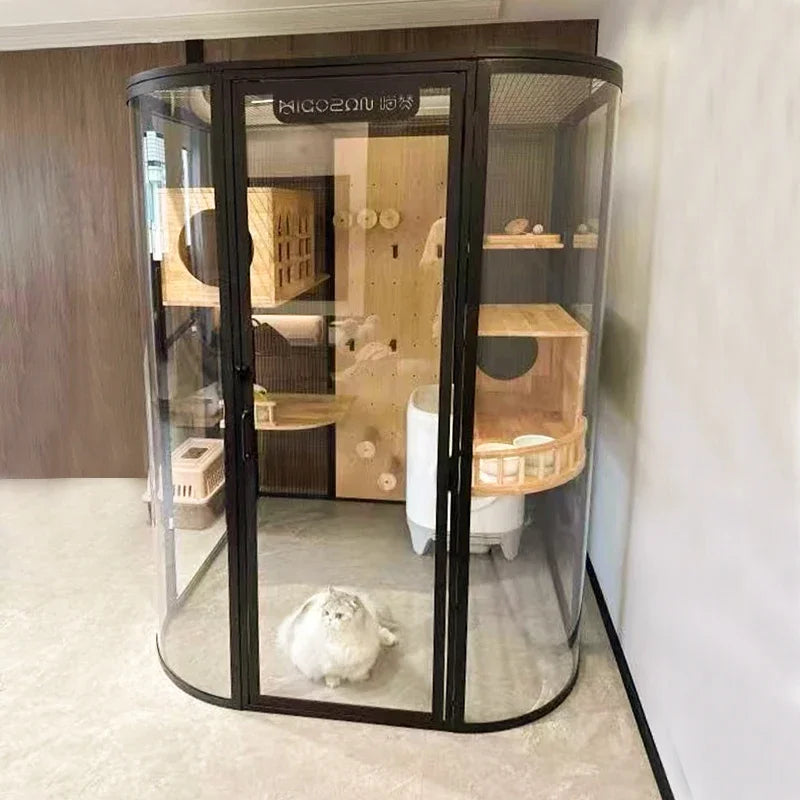 Meozan Luxury Panoramic Glass Cat Villa Large Free Space Fully Automatic Litter Box Cat Cage Cat House