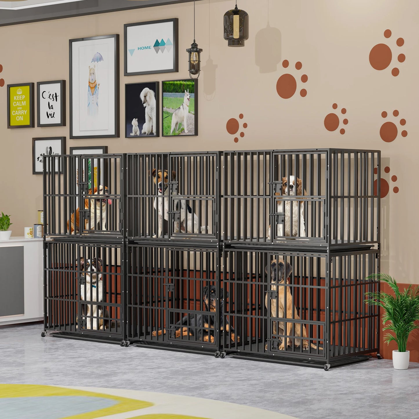 Dog Kennels Heavy Duty Metal Dog Crate Cage House with Removable Tray and Steel Lock Latch for All Breeds Double-layer