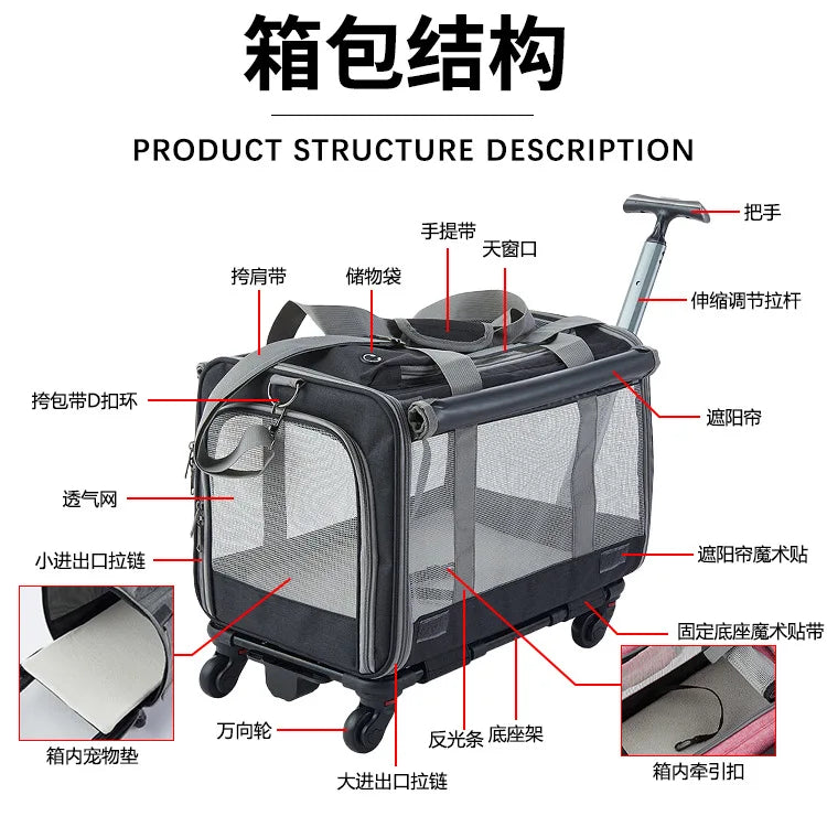 Extra Large Portable Pet Trolley Case Cat Travel Carrier Bag Detachable Dog Trolley Case Multi-Function Outdoo Foldable Pet Bag