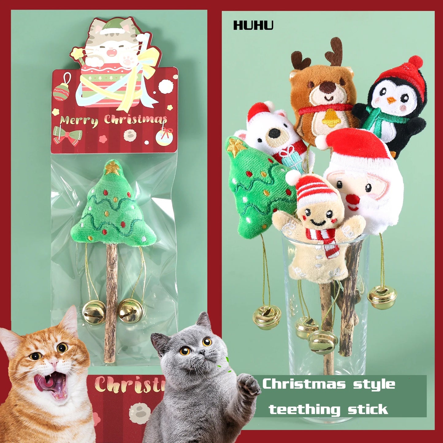 Pet Cat Natural Polygonum Stick Christmas Style with Bell Christmas Tree Santa Snowman Penguin Cute Teeth Cleaning Lollipop Toy