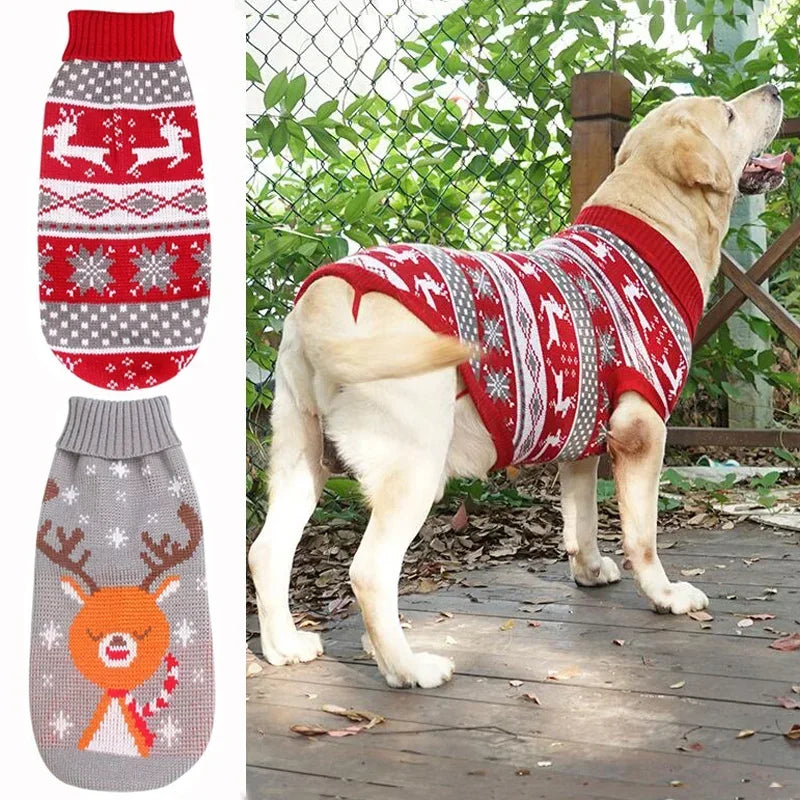 Big Dog Christmas Sweater Thick Warm Winter Knitwear Pet Clothes Turtleneck Pullover Reindeer Outfit for Small Medium Large Dogs