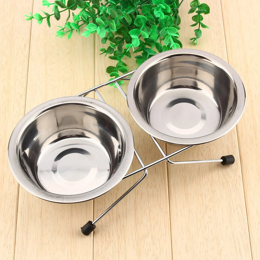 Cute Double Twin Stainless Steel Bowls Iron Stand