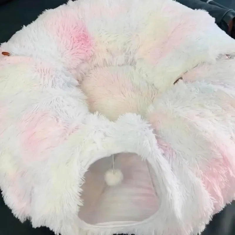 Fluffy Donut Cat Bed with Tunnel