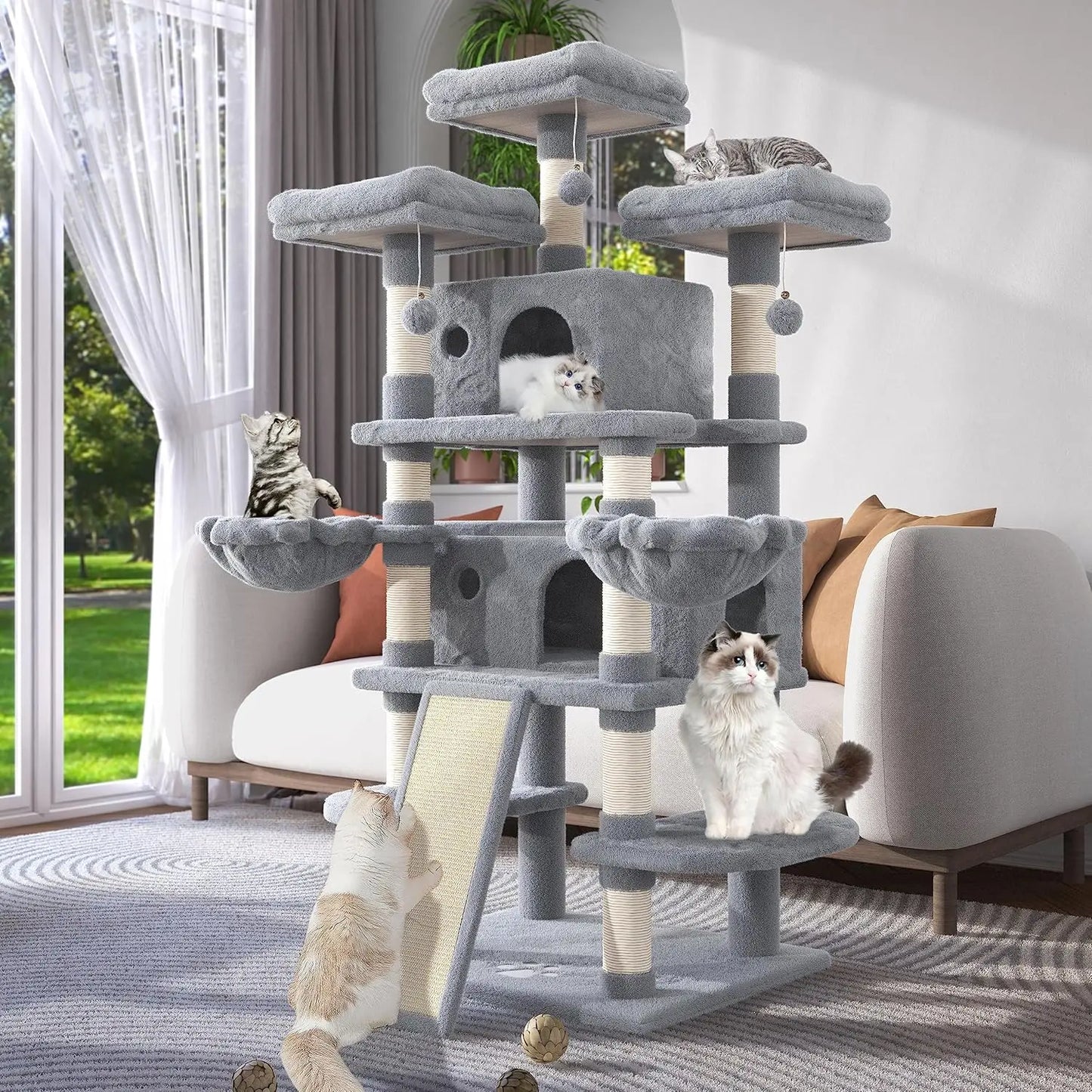 68 Inches Multi-Level Large Cat Tree for Big Cat Tower Condo Cozy Plush Cat Perches Fluffy Balls