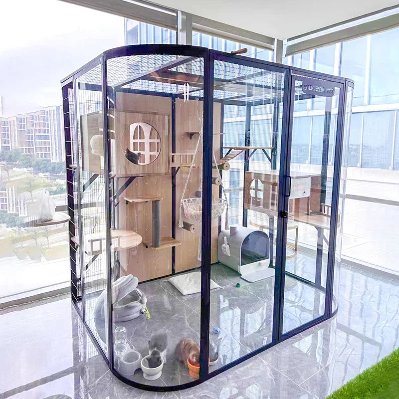 Meozan Luxury Panoramic Glass Cat Villa Large Free Space Fully Automatic Litter Box Cat Cage Cat House