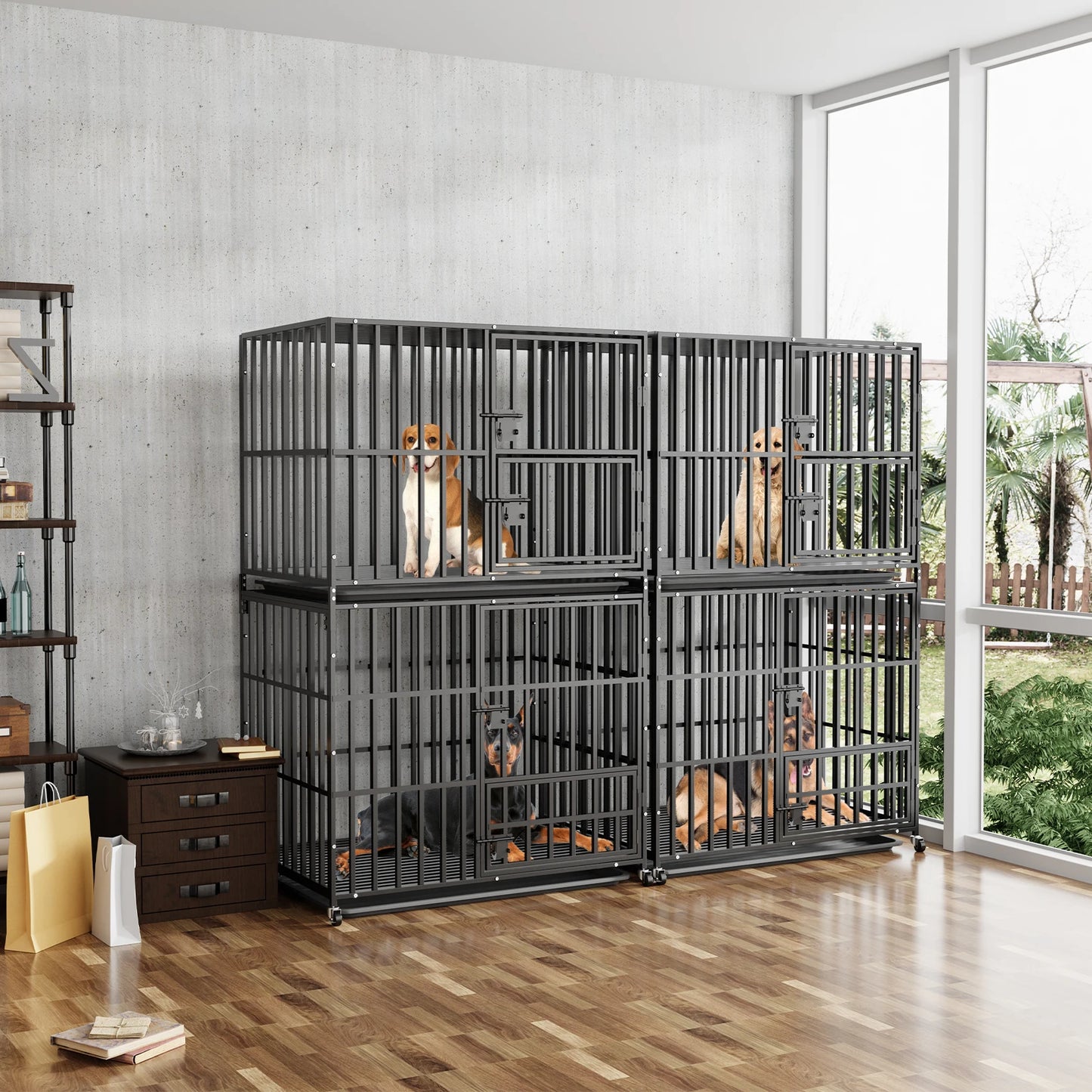 Dog Kennels Heavy Duty Metal Dog Crate Cage House with Removable Tray and Steel Lock Latch for All Breeds Double-layer