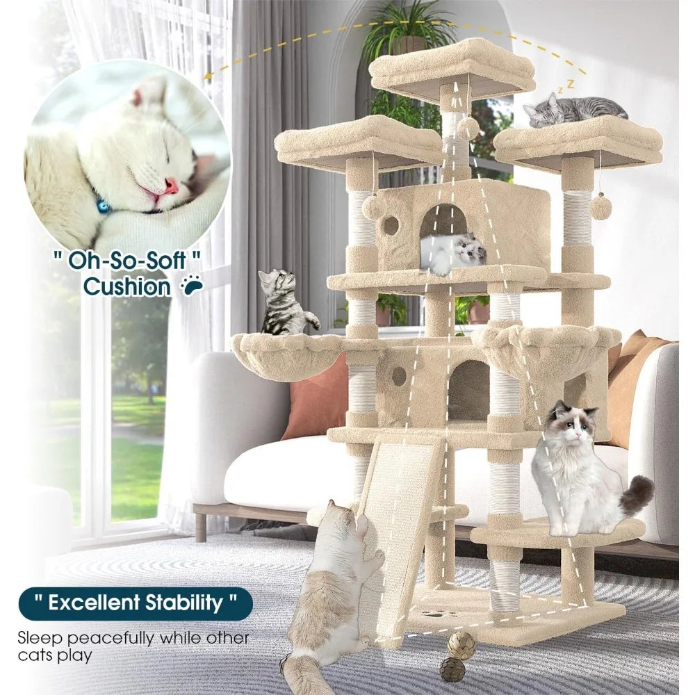 68 Inches Multi-Level Large Cat Tree for Big Cat Tower Condo Cozy Plush Cat Perches Fluffy Balls