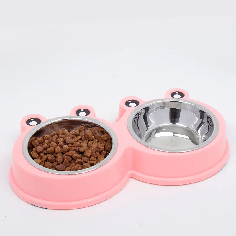 One-piece Pet Double Bowl Stainless Steel Frog Pet Feeding Bowls