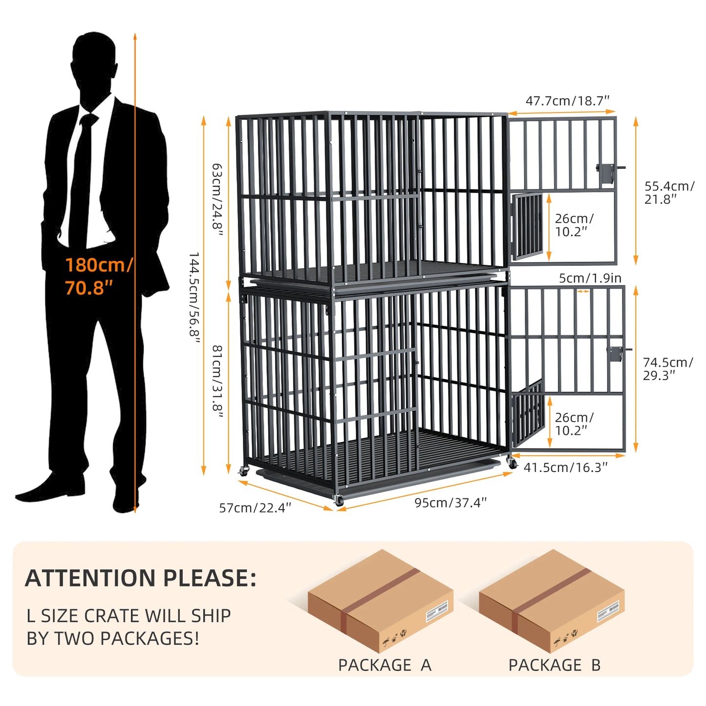 Dog Kennels Heavy Duty Metal Dog Crate Cage House with Removable Tray and Steel Lock Latch for All Breeds Double-layer